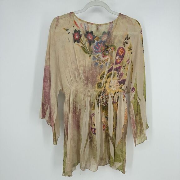 Mushka by Sienna Rose Boho Fairycore Sheer Tunic Top Floral Bell Sleeves - Picture 2 of 10